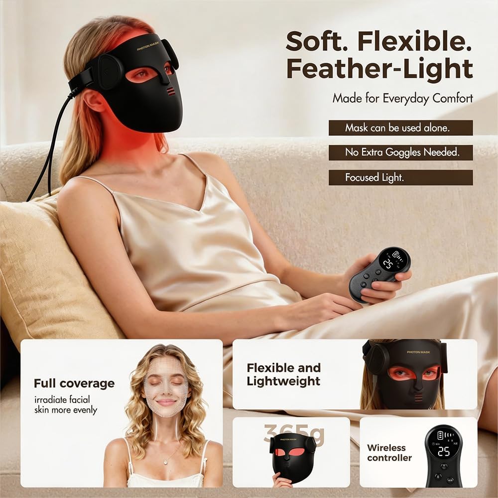 Elitzia LED-Lichttherapie-Maske Gesicht & Hals Infrarot Therapie Maske | 400 LED-Perlen, 8 Farben Licht, 3 Energiestufen, einstellbare Zeit, langer Akku, leicht, Hellt matte Haut auf Schwarz