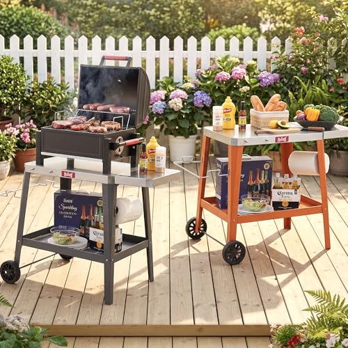 Image of Feasto Outdoor Grill Table, Rolling Pizza Oven Stand, 31 inch x 19 inch, Black | Outdoor Bar Cart with Foldable Extension Table for Compact Pizza Ovens & Griddles, Patio BBQ & Deck Parties