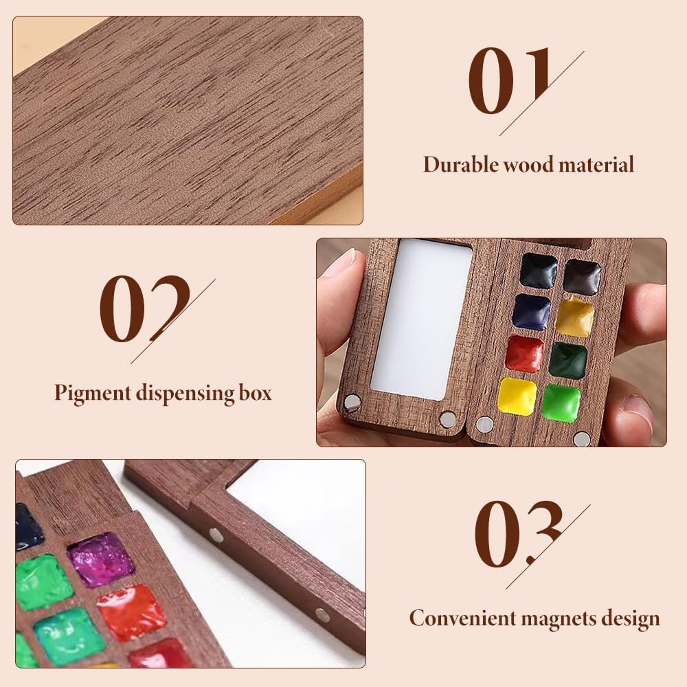 Mini Watercolor Travel Set, 2026 New Mini Watercolor Paint Set Wooden Paint Palette Travel Kit with Colours, Portable Watercolour Palette with Clip for Drawing Gift Art Party Favors (15 Grids)