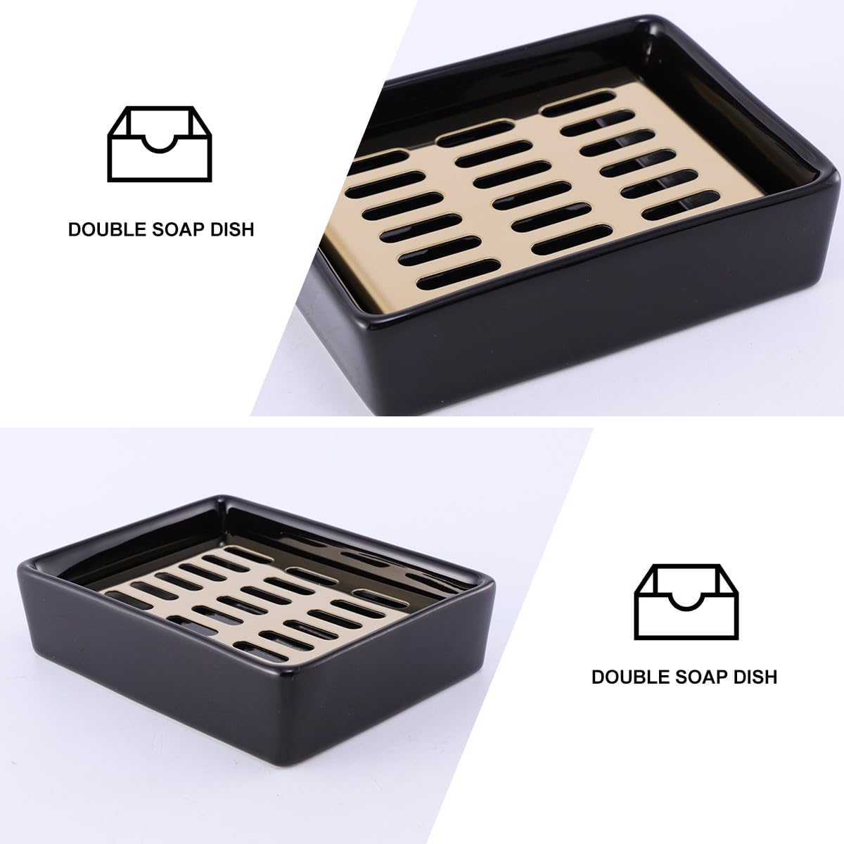 Ceramic Double Soap Holder with Drain Tray Black Porcelain Soap Dish Container for Bathroom Sink for Shower and Vanity Use