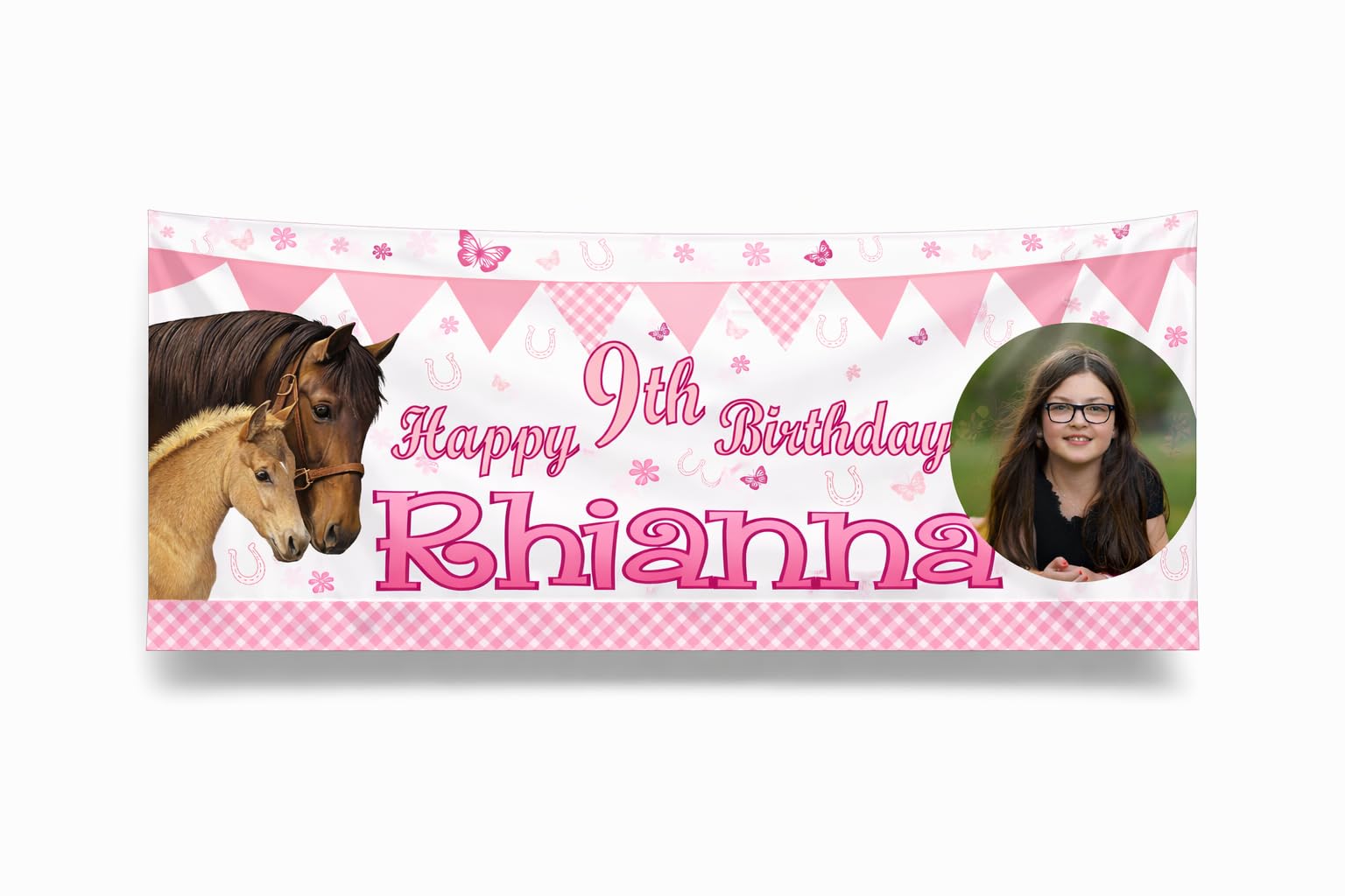 Personalised Horse Birthday Banner for Girls with Photo, Name & Age (6ft with Photo)