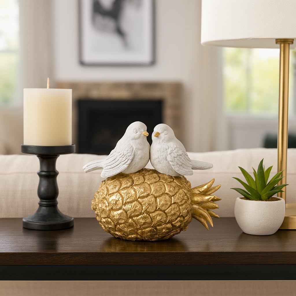 Resin Kissing Birds on Pineapple for Home Decor - Ornaments for Bathroom, Office, Entryway Table, and Living Room Decor - Sculptural Figurine for Shelf or Coffee Table Accent - 7", White & Gold