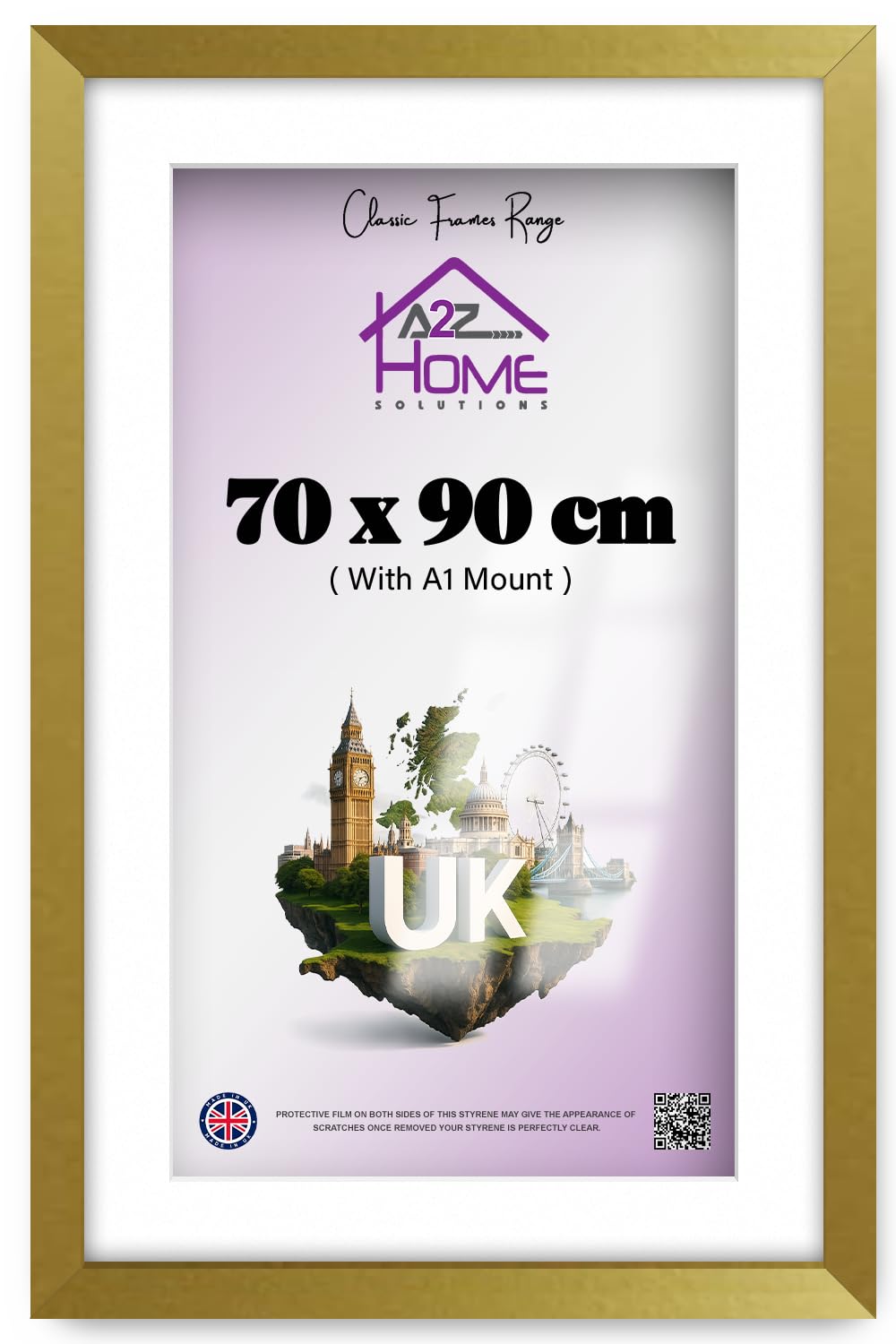 A2Z Home Solutions® Wall Photo Frame Gold 70x90 cm Frame With 80x60 cm Mount Picture Poster Print With Clear HD Perspex 30x15 MM Moulding Mounting Hooks MDF Backboard