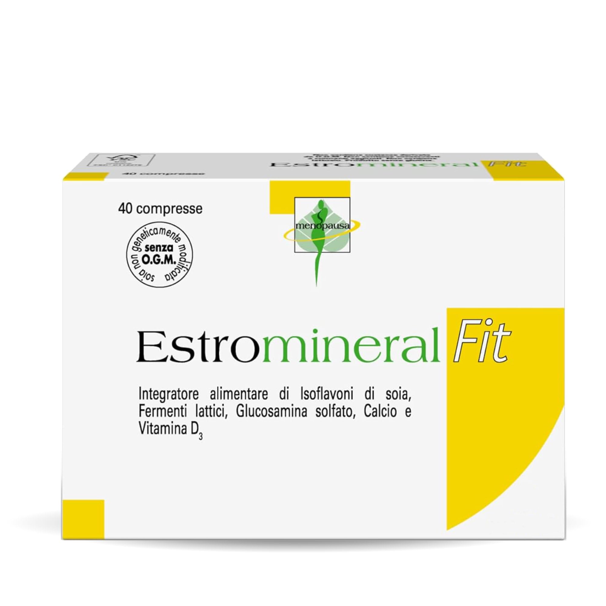 Estromineral Fit, Integratore Menopausa e Ossa, 40 Compresse con Isoflavoni di Soia, Fermenti Lattici, Glucosamina Solfato, Calcio e Vitamina D3, Senza Glutine e Senza Lattosio