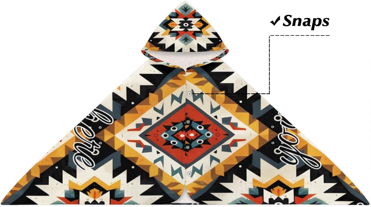 Aztec Abstract Geometric Ethnic Personalized Kids Beach Towel for Boys Girls, Custom Name Hooded Bath Towel Quick Dry Absorbent Beach Blanket Pool Swimming Towels