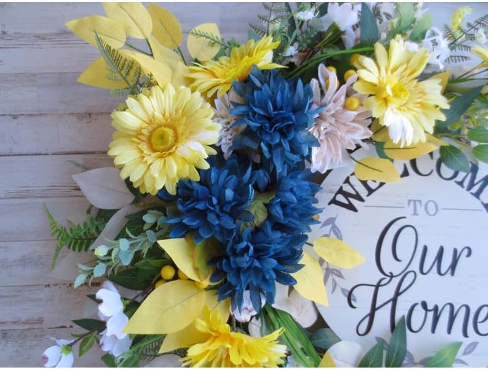Asymmetrical Grapevine Wreath for Front Door, Spring Summer Wreath with Yellow Daisies, Blue Flowers and Welcome Sign, Farmhouse Decor for Home Entryway