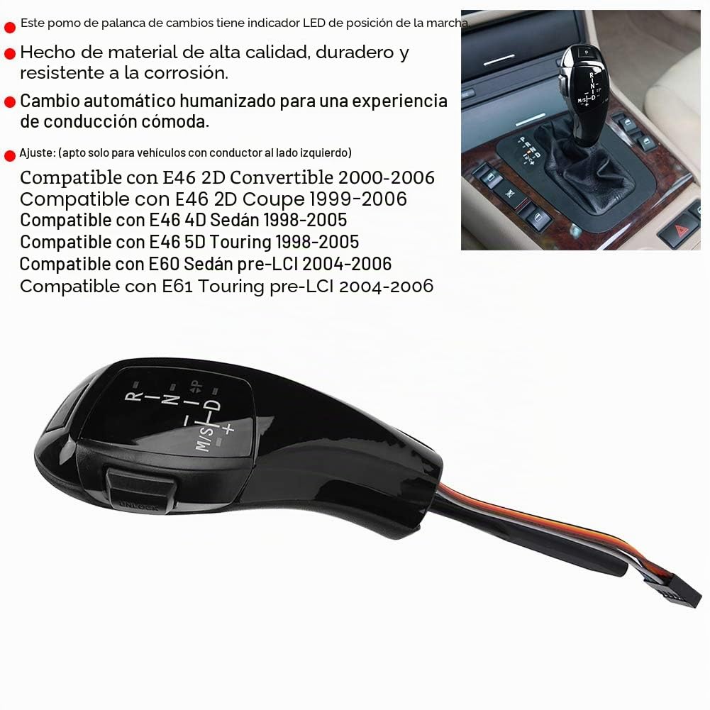 Cuifati Perilla de Cambio de Marchas LED Automática LHD Eléctrica para BMW E46 E60 E61 1999-2006, Kit de Reemplazo de Palanca de Cambios Eléctrica (Apto para Volante a la izquierda) (Negro brillante)