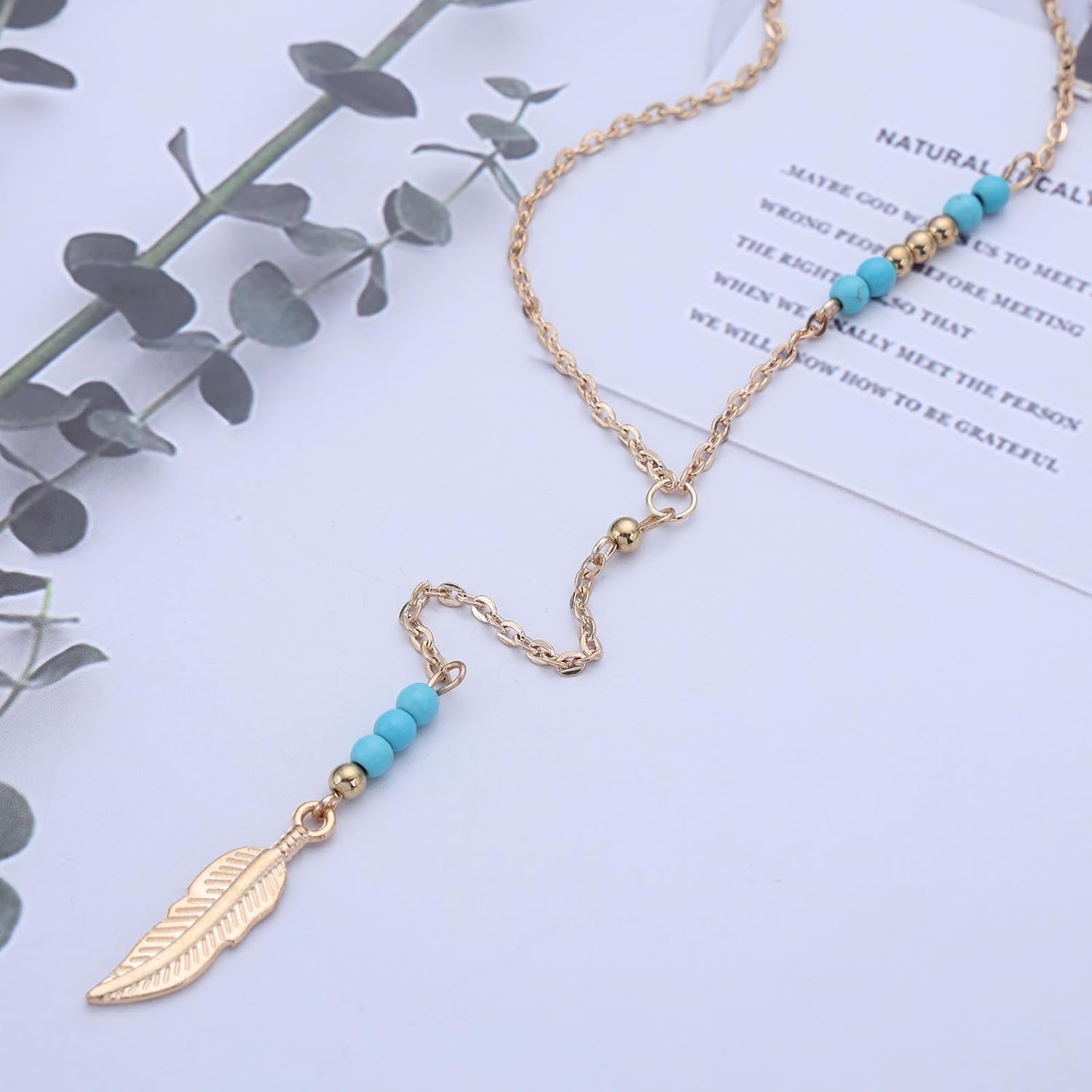Andelaisi Boho Turquoise Y Lariat Necklace Vintage Long Feather Pendant Necklace Gold Turquoise beads Choker Necklace Adjustable Leaf Y Chain Necklace Jewelry for Women - Image 4