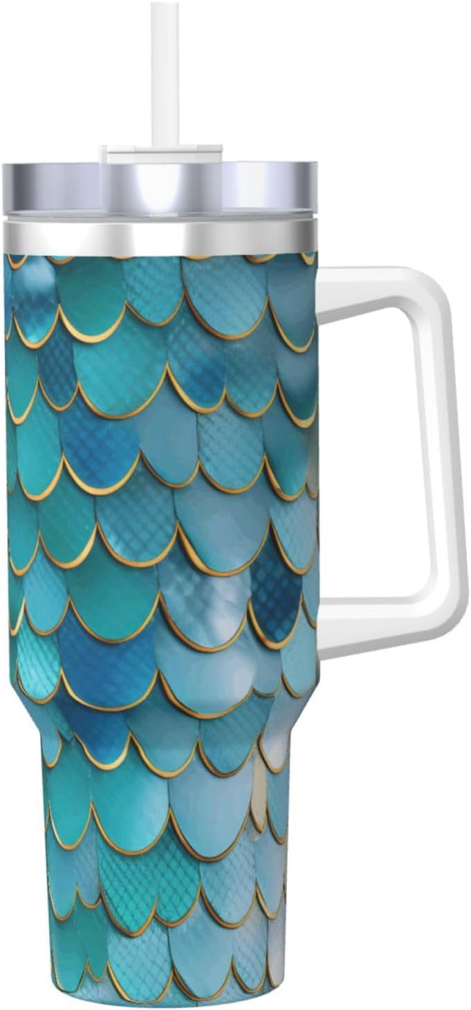 40 OZ Mermaid Scale Print Ice Bully Cup with Handle Straw Lid Straw,Stainless Steel Tumbler Coffee Cup