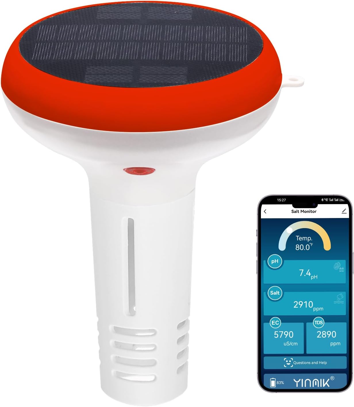 YINMIK Moniteur Intelligent pour Piscine,Lecteur de Sel Solaire, pH-Mètre Numérique pour Piscines d'eau Salée, Testeur 5 en 1 (pH, salinité, EC, TDS, température) pour Piscines Extérieures
