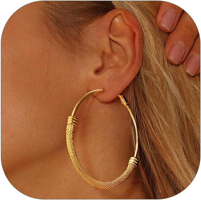FOCALOOK 14K Gold Hoop Earrings, Lightweight Hypoallergenic Large Stainless Steel Black Hoops for Women 30/40/60/80mm