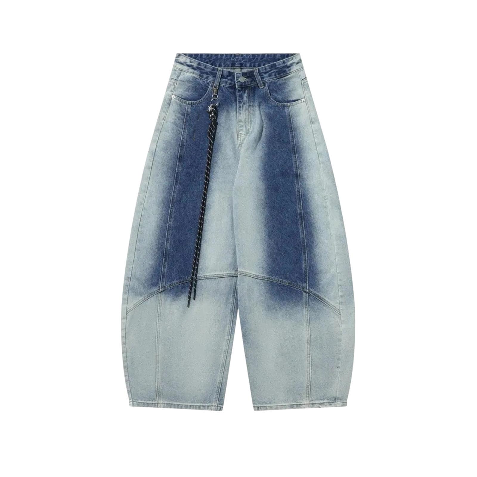 Mens Vintage Gradient Baggy Jeans Loose Fit Wide Leg Trousers Casual Machete Cut Curved Denim Pants with Zipper