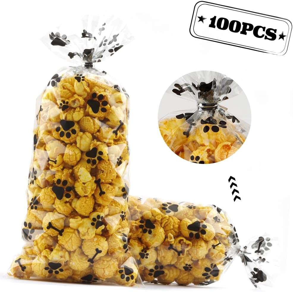 100 Pieces Paw Print Dog Treat Bags, Dog Print Cellophane Treat Bags, Dog Paw Print Gift Bags, Heat Sealable Candy Bags with 100 Silver Twist Ties for Pet Birthday Party Favor Supplies, Black