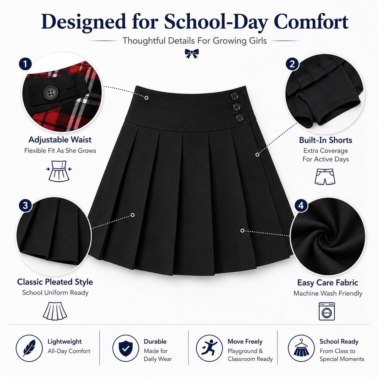 Bienzoe Falda de uniforme escolar para niñas: falda plisada de cintura ajustable para niños, negro, 13-14 Years