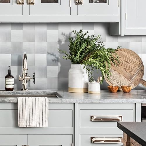 Homeymosaic Peel And Stick Backsplash For Kitchen Tile Stainless Steel Brushed Stick On Bathroom Countertop Fireplace Square Plaid Metal Mosaic(5 Sheets,Silver) #TOP5
