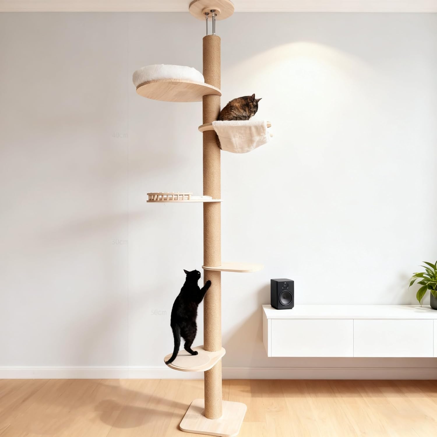 Floor to Ceiling Cat Tree,Adjustable Height 90-108 inch, 6 Level Tall Climb Tower, Cat Pole with Natural Sisal Rope Scratching Post/Plush Cat Bed/Cozy Hammock Multi-Style (Hammock Styles)