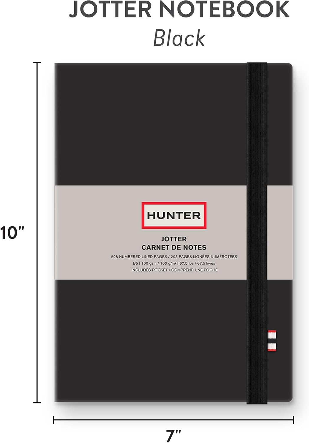 Studio Oh! Hunter - Jotter Notebook, 10” X 7” Lined Journal With 208 B5 Size Pages for Work, Journaling, Writing, & Note Taking, Elastic Band & Inside Pocket for Loose Notes, Numbered Sheets, Black