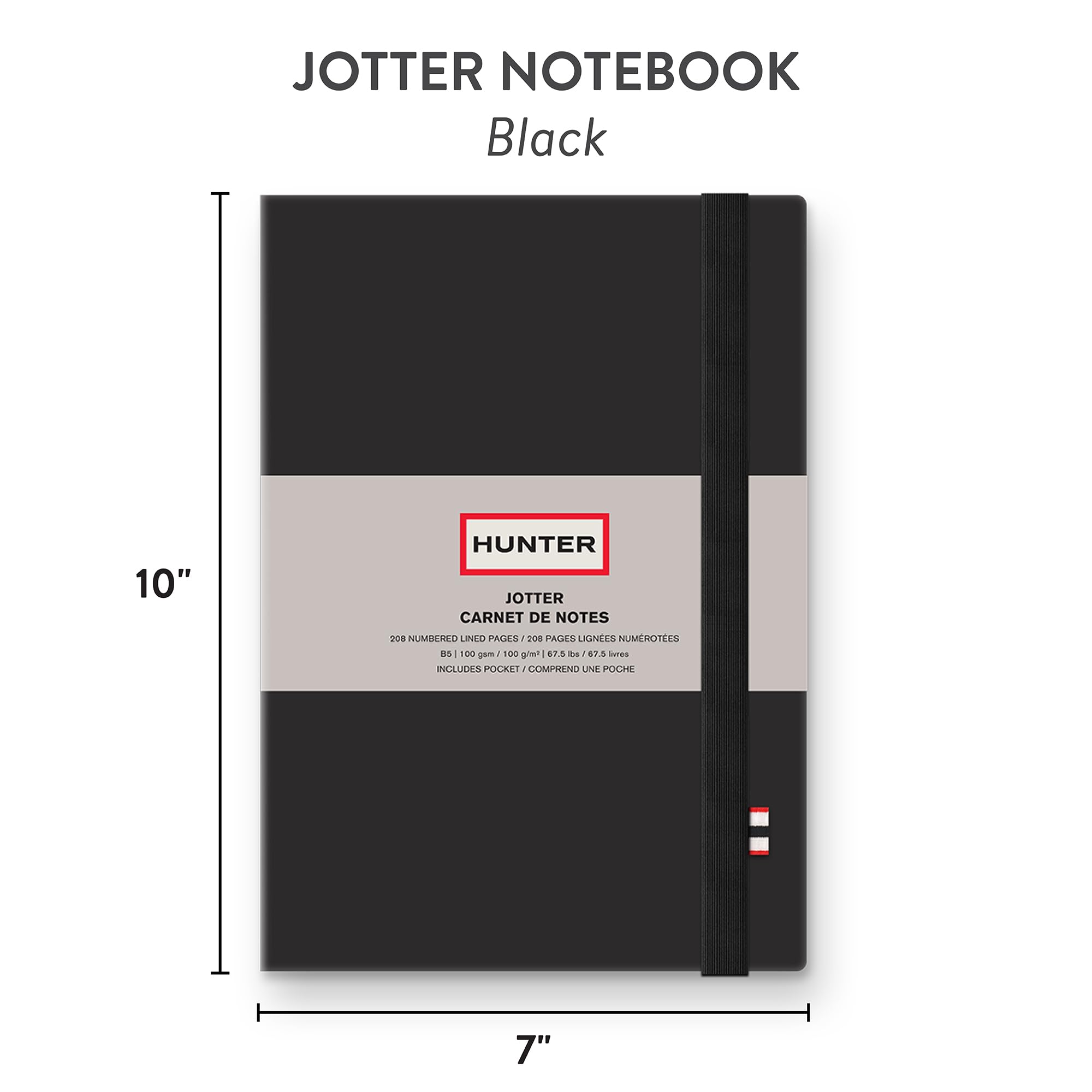 Studio Oh! Taccuino a righe, 25,4 x 17,8 cm, con 208 pagine in formato B5, per lavoro, diario, scrittura e prendere appunti, fascia elastica e tasca interna per appunti sciolti, fogli numerati, nero