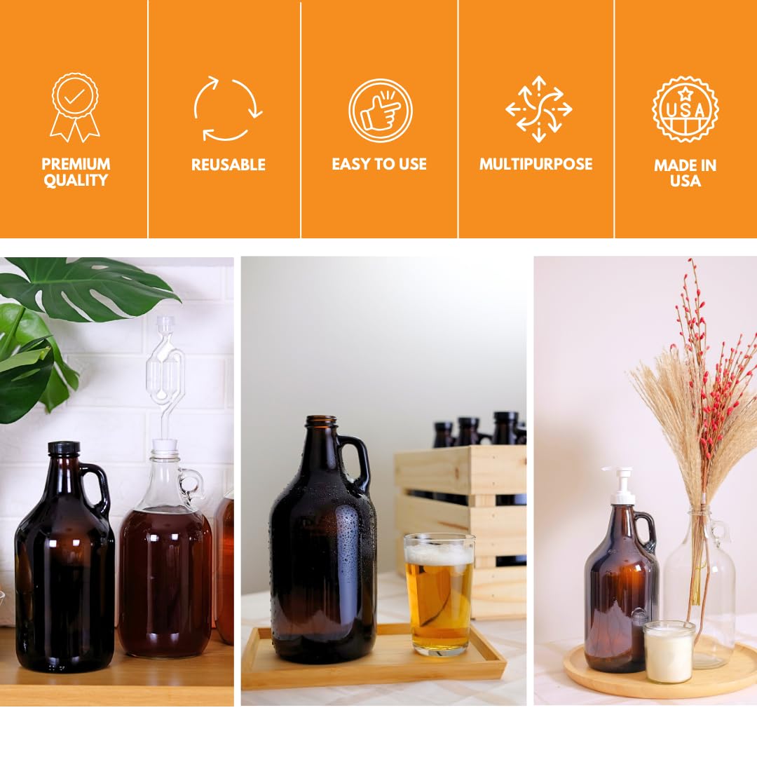 FastRack 64 oz Amber Glass Growlers (Pack of 2) | Half Gallon Beer Growler | Reusable 1/2 Gallon Glass Jug for Homebrew, Kombucha, and Beverage Storage | NO CAPS INCLUDED