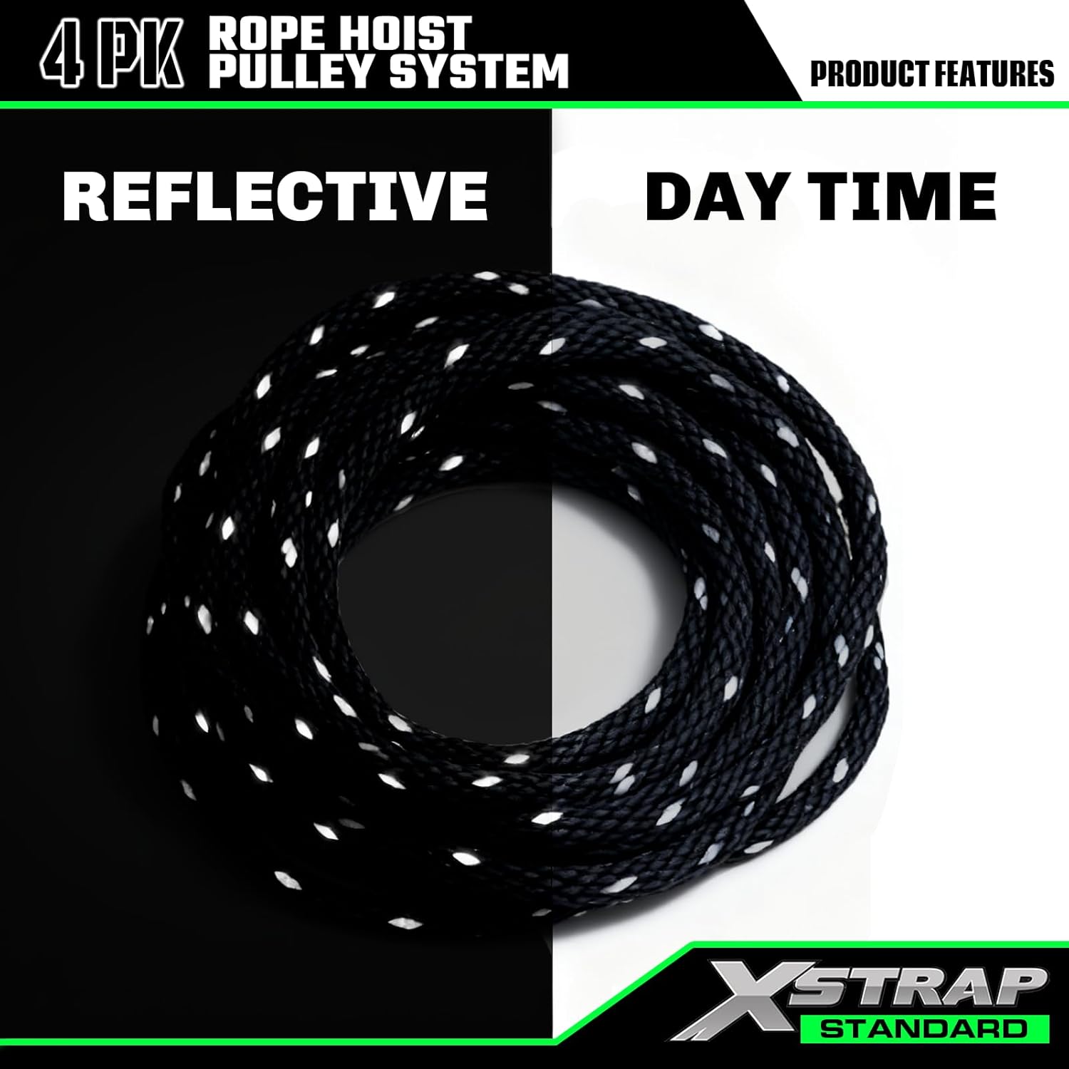 XSTRAP STANDARD Heavy-Duty 2,000 LB Breaking Strength 50 FT Reflective Rope Hoist, Metal Wheels Bearing 1000 LB Work Load Block and Tackle Pulley System for Lifting Heavy Objects, with 2pcs Soft Loops