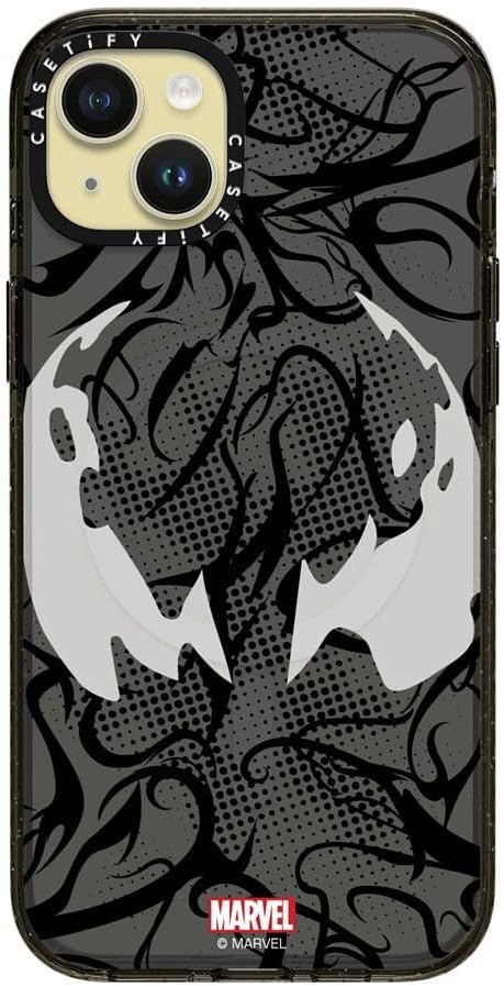 CASETiFY Impact iPhone 15 Plus Case [Spider-Man Co-Lab / 8.2ft Drop Protection/Compatible with Magsafe] - Venom Mask - Clear Black