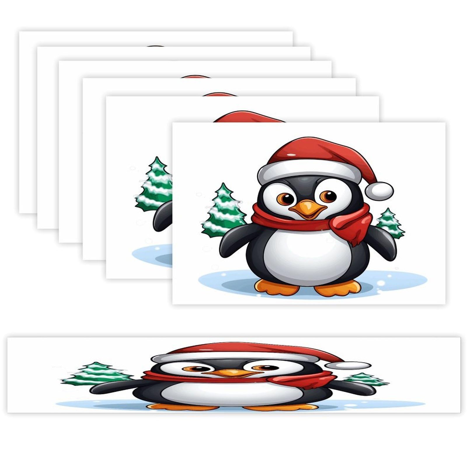 Christmas Penguin Table Runner and Placemats Set of 6 for Kitchen Washable Table Mats Heat Resistant Place Mats Non-Slip Place Mat Wipeable Placemat(6 Placemats+1 Table Runner)