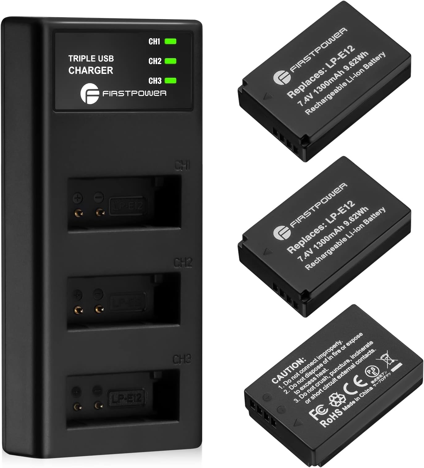 FirstPower LP-E12 Battery 3-Pack & Triple Slot Charger for Canon EOS M50, M50 Mark II, M, M2, M10, M100, M200, Rebel SL1, PowerShot SX70 HS Cameras