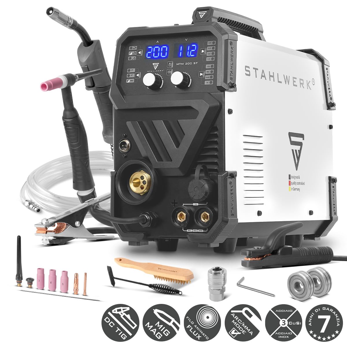 STAHLWERK Saldatrice combinata 3-in-1 MTM-200 ST – Inverter per TIG, MIG/MAG, MMA fino a 200 A, avanzamento sinergico, 4 rulli, per filo animato, acciaio, lamiere sottili