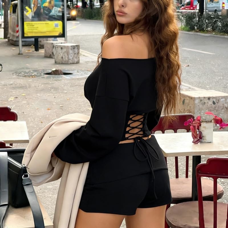 Sexy Two Piece Set For Women Long Sleeve Off Shoulder Backless Crop Top Slim Fit Shorts Casual Workout Sweatsuit