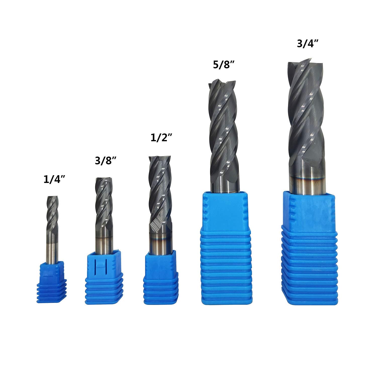 5pcs 1/4”, 3/8”, 1/2”, 5/8”, 3/4” Carbide Square End Mill, HRC 45 Deg Single End 4 Flute AlTiN Coating Mill Bits (5pcs End Mill Set)