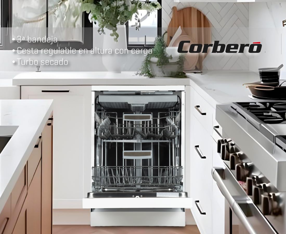 Corberó - Lavavajillas Gama Excellence | CLVV8622INVW | 15 Servicios | 8 Programas | 6 Temperaturas | Display LED | Turbo Fan Drying | Inicio Diferido | Media Carga | Auto Door | Blanco