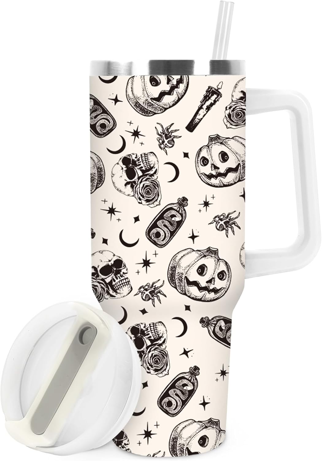 JarThenaAMCS Halloween Tumbler with Handle 40oz Pumpkin Skull Crow Tumbler with Lid Straw Black Beige Spooky Stainless Steel Cup for Home Office Travel