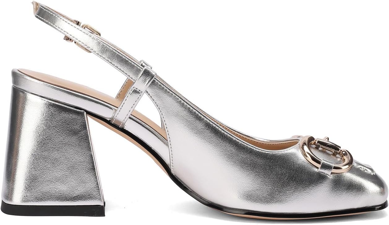 Women's Fashion Square Closed Toe Slingback Pumps with Buckle Chic Gold Buckle Block Heel Slingback Shoes Work Date Dressy High Heel Slingbacks for Women