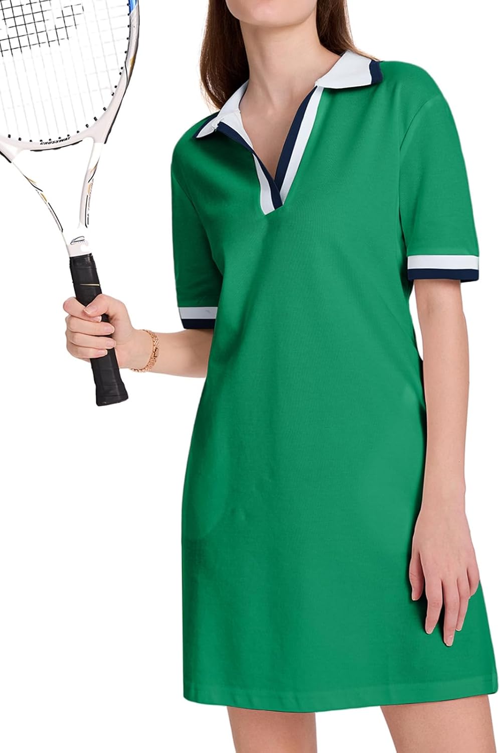 WOWULOVELY Polo Dress for Women V Neck Casual Short Sleeve Mini Shirt Dress Flowy Contrast Color Golf Tennis A Line Dresses(Green-XL) - Image 3