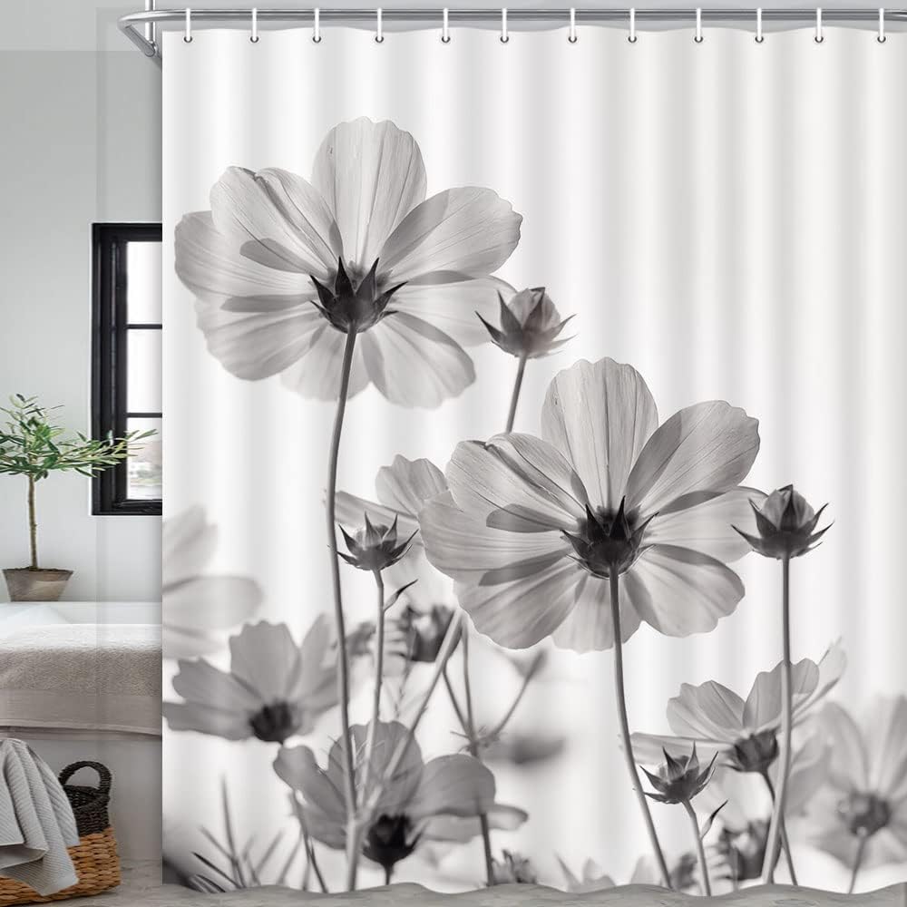 MERCHR Unique Floral Grey Shower Curtain for Bathroom Decor, White and Gray Daisy Flower Elegant Wildflower Design Farmhouse Shower Curtains with Hooks Set, 71 X 78 Inches