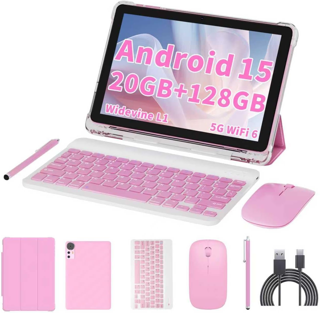 Android 15 Tablet 10 inch Tablets, 20GB RAM 128GB ROM 2TB Expandable, 2.0GHz Quad-core Processor, 2 in 1 Tablet with Keyboard Case Stylus Mouse, 5G WiFi6, BT 5.0, 6000mAh, Widevine L1, GMS, Pink