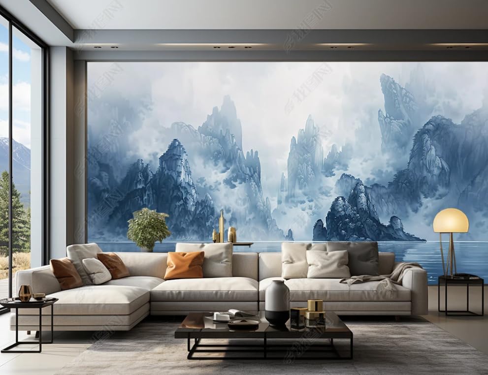 Peinture de paysage au lavis d’encre papier peint intissé salon chambre
