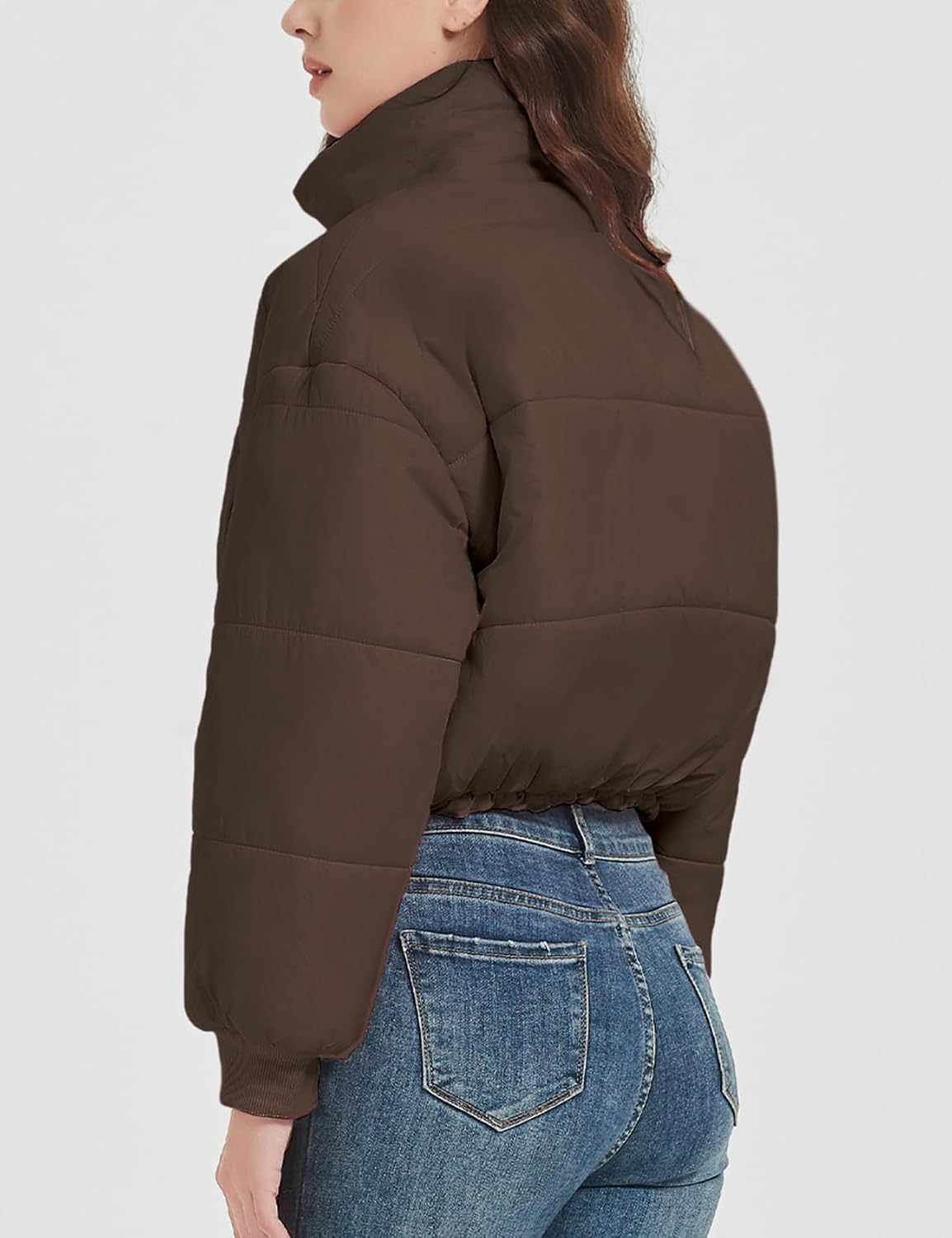 Flygo Cropped Puffer Jacket Womens Lightweight Long Sleeve Zip Up Winter Coats Quilted Jackets