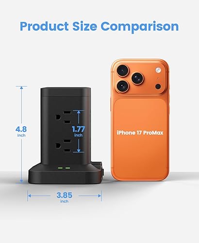 Miniatura 2 de Torre de regleta de alimentación con protector de sobretensiones de 1800J, torre de carga rápida PD20W puertos USB-C con 8 salidas de CA, cable de