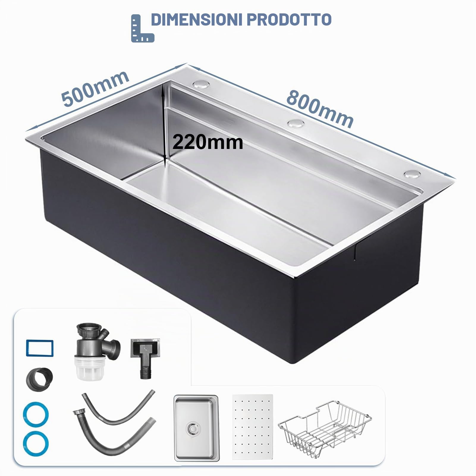 80x50CM Lavello da Cucina Nero in Acciaio Inox 304SUS, 1 Bacino Lavello da Incasso, Lavello da Cucina in Acciaio Inox Rettangolare, Con Sgocciolatoio, Gruppo Di Scarico E Kit Di Trabocco Per