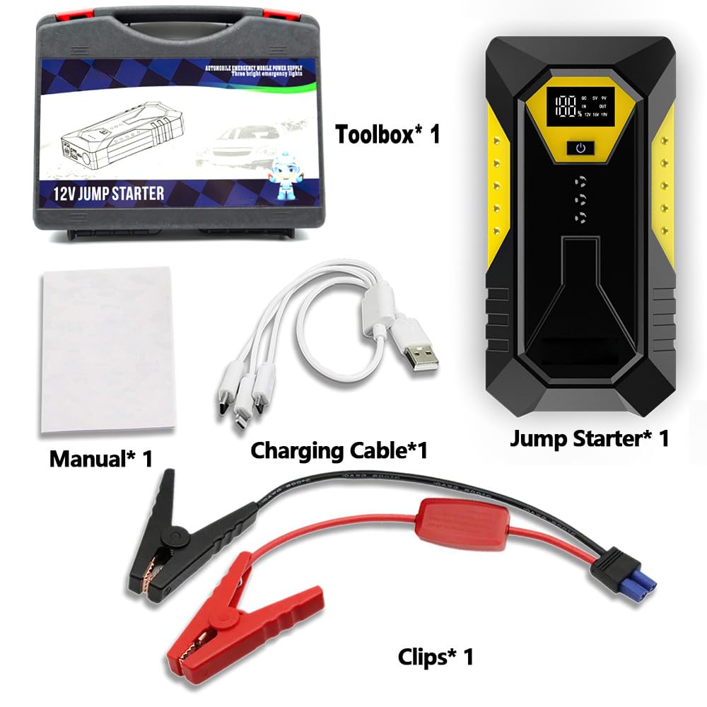 Booster Batterie Voiture 26800mAh 800A, Jump Starter Portable, Demarreur Batterie Voiture (Jusqu'à 6.0L Essence Ou 5.0L Gazole), avec Pinces De SûReté Intelligentes Lampe à LED