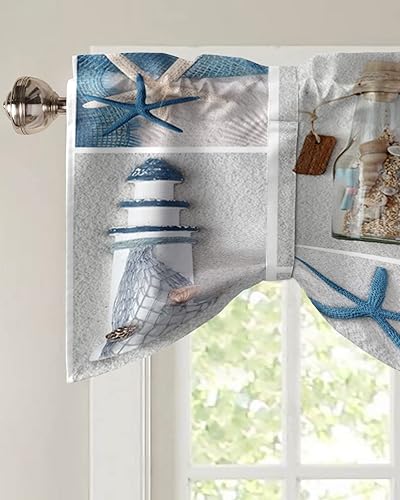 Miniatura 3 de Cenefa de malla costera de verano para ventanas de cocina, cenefas de cortina con lazo de estrella de mar oceánica, cenefas de cortina de 42 x 12