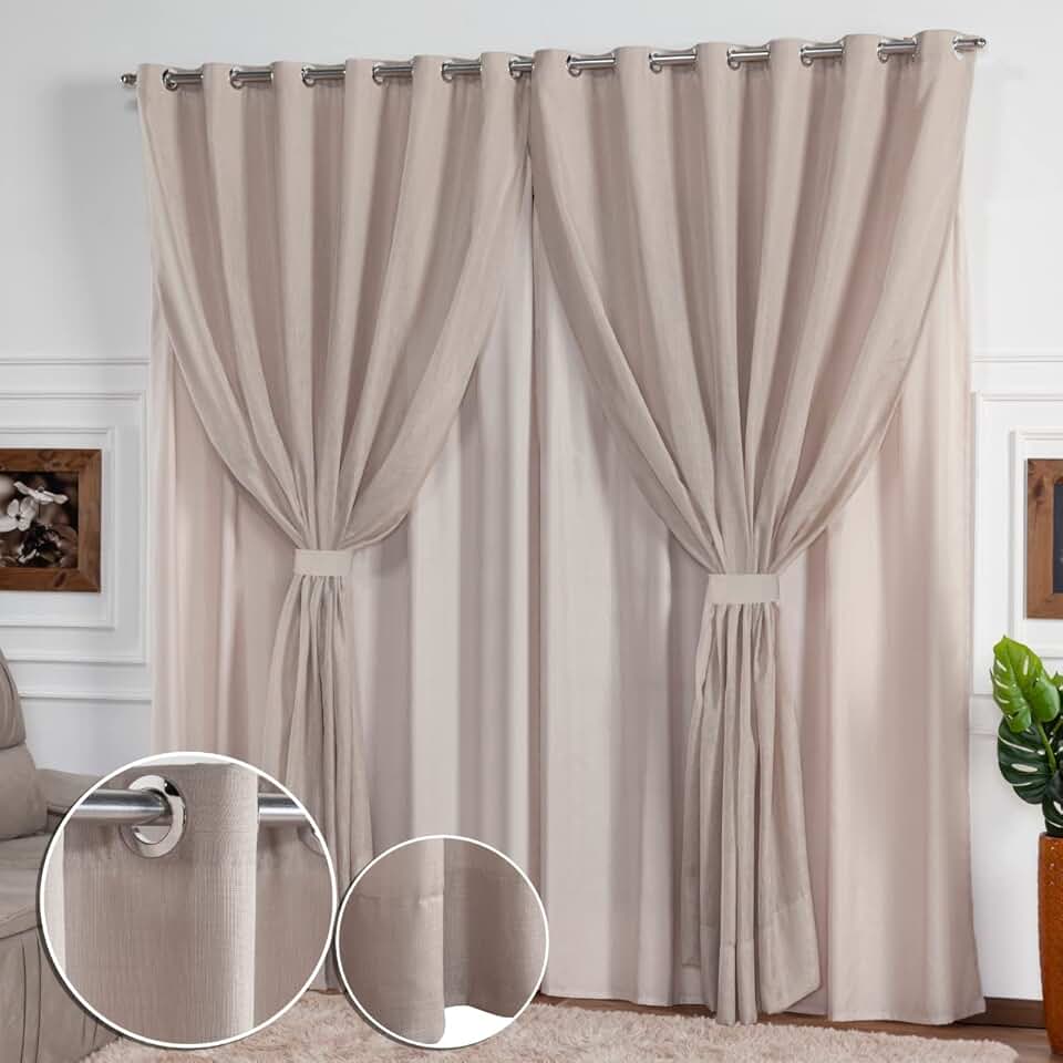 Cortina Linho Flame Voil de Gaze 4,00m x 2,50m c/Forro e Abraçadeira Palha