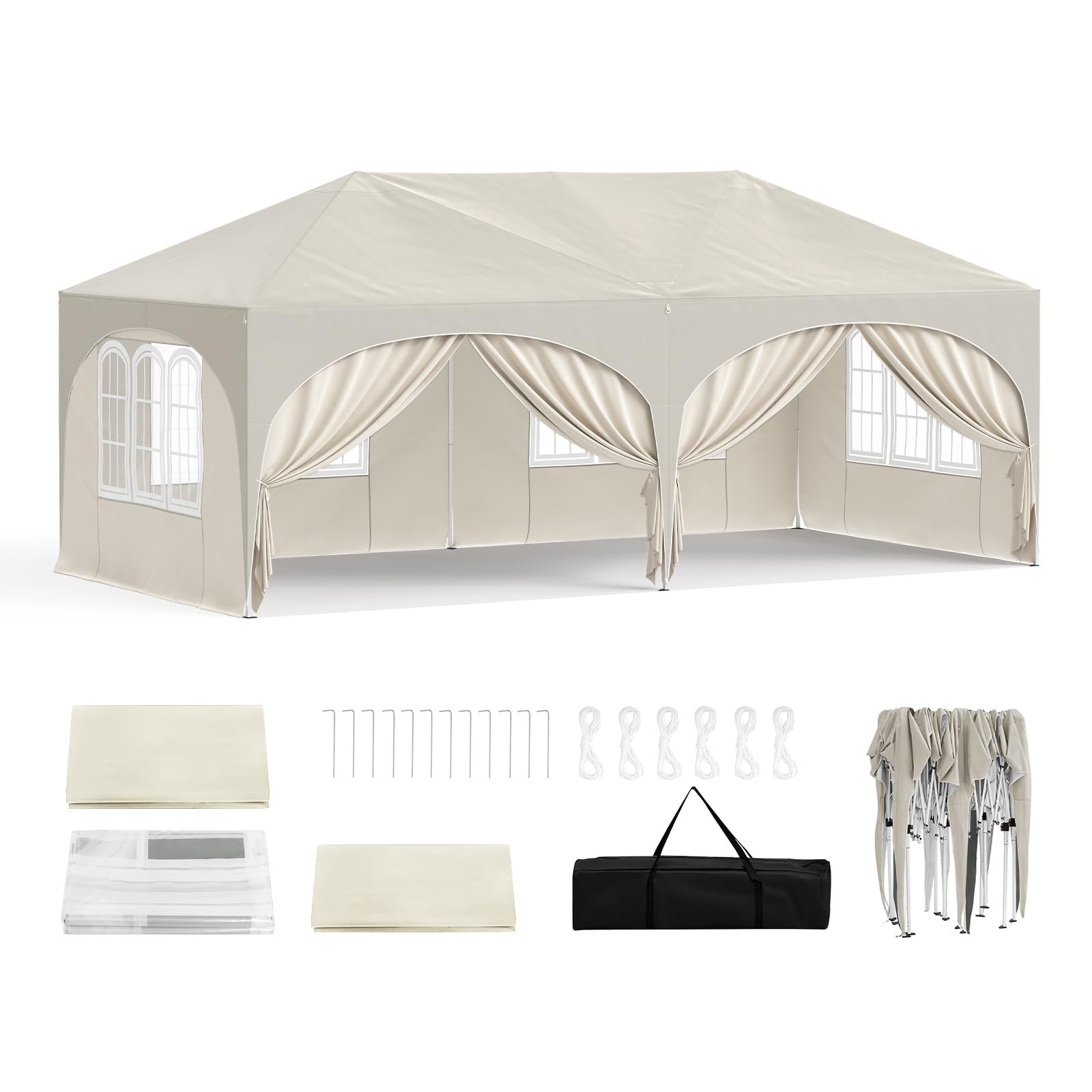 WOLTU Gazebo Pieghevole da Giardino, Gazebo Idrorepellente Pop Up da 3x6m Pannelli Laterali, Tendone Esterno, Altezza Regolabile, Protezione UV, con Custodia Beige
