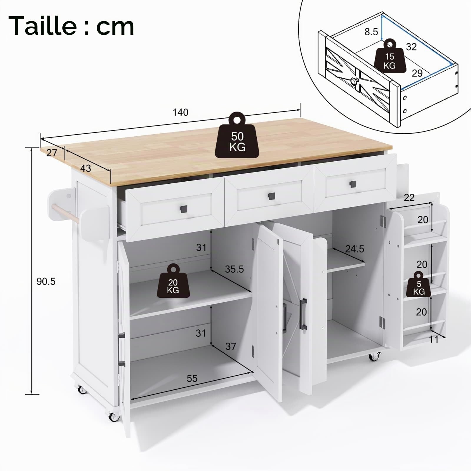 Sweiko Îlot de Cuisine 140x70x90.5cm avec Plan de Travail Rabattable,Comprend 5 roulettes Réglables,4 Portes,3 Tiroirs et Un Porte-Serviettes Double Face (White 2)
