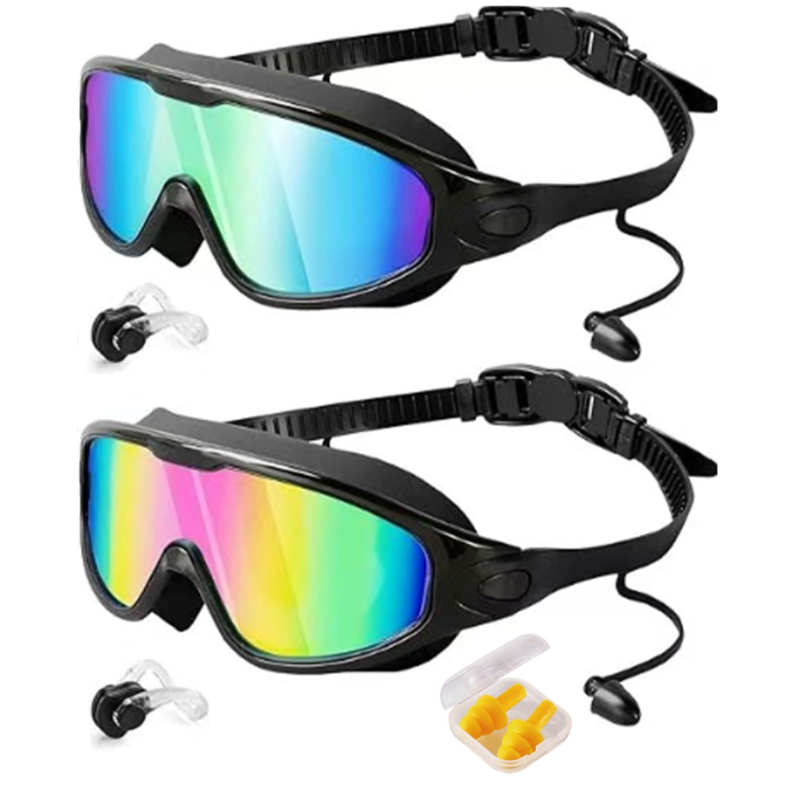 NNBWLMAEE My Cool Summer Goggles, No Leaking Swim Glasses for Men Women Youth, HD Large Frame Waterproof Anti-Fog Swimming Goggles with Ear Plugs Attached (Blue+Green)