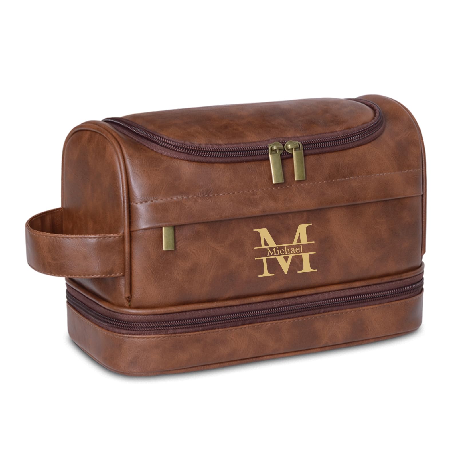 FL FantasyLinen Personalized Toiletry Bag for Men and Women Leather Toiletry Organizer Shaving Dopp Kit Travel Bathroom Bag Cosmetic Pouch