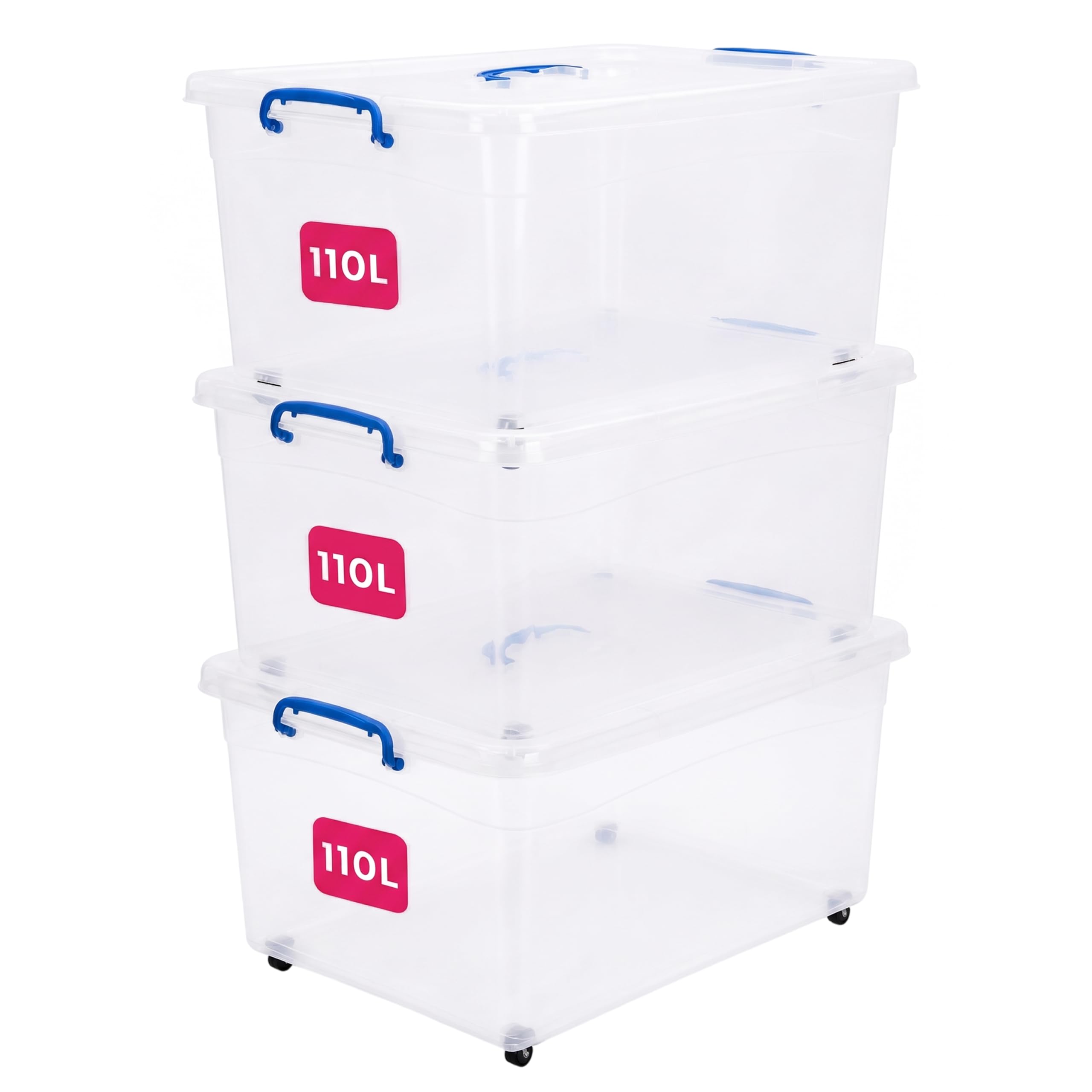 STL 3 x 110L Storage Boxes with Lids And 4 Wheels, Clip-Lock Lid, Stackable Clear Plastic Storage Containers With Lid For Home, Kitchen, Moving, Garage & Office (Set Of 3)