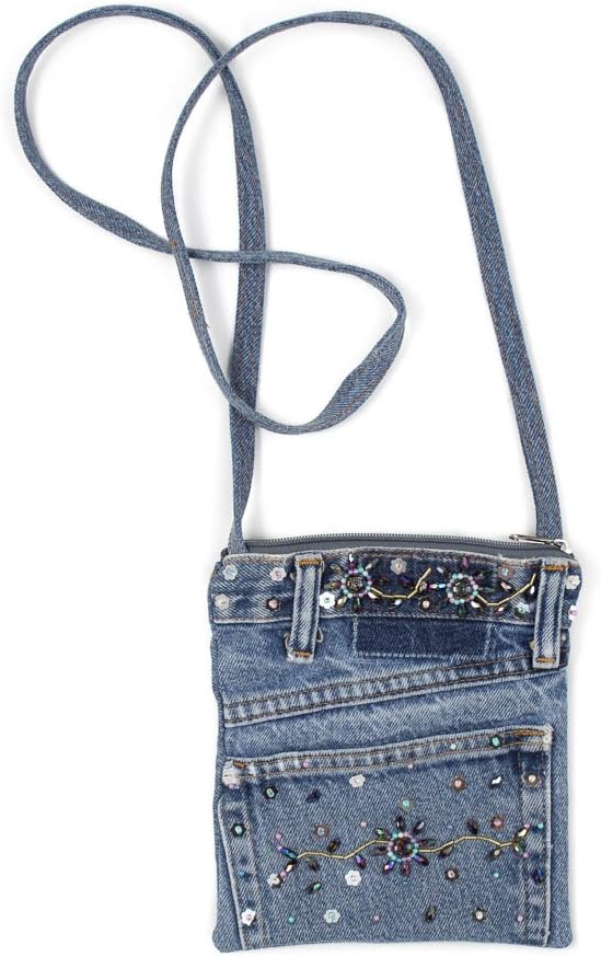 Blue Denim Small Shoulder Mini Pouch Crossbody Handbag with Beaded Design