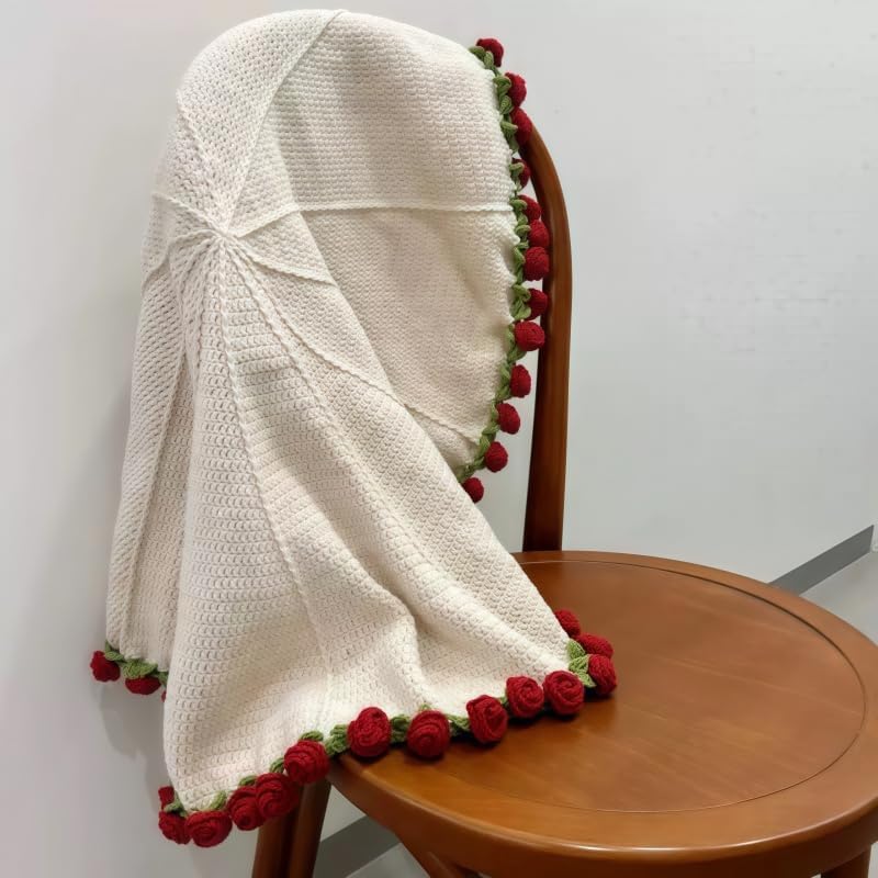 Crochet Flower Bouquet Blanket, Finished Product Handmade Crocheted 3D Red Rose Bouquet Knitted Sofa Blanket (Finished Product, 110 cm (43.3 inch)) Red